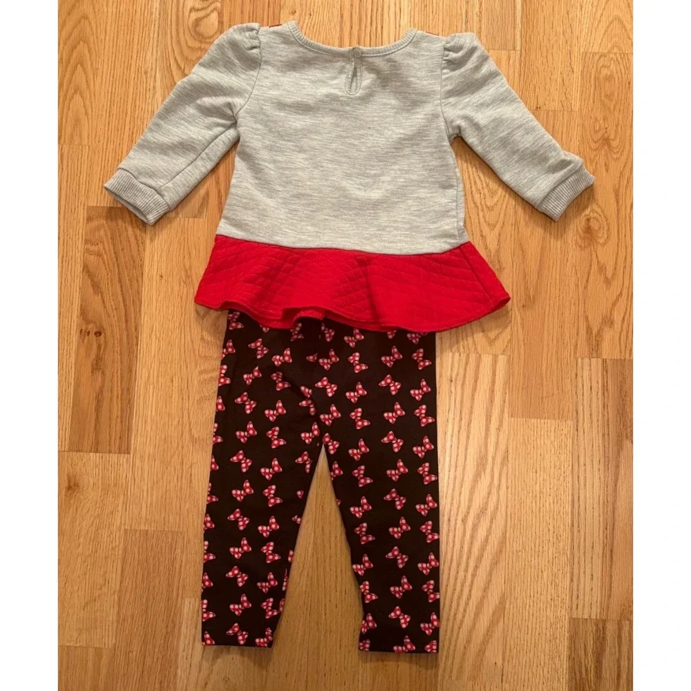 Disney Baby Minnie Mouse 2-Piece Outfit Size 18M Gray & Red Peplum Top + Bow EUC